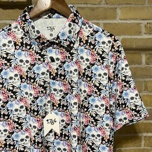 NWT 1776 Signature Mens Skulls N Flowers Printed Polo Shirt Size Large